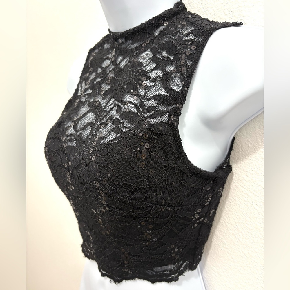 B Darlin Black Lace Sequin Cropped Top / Bow Tie Back